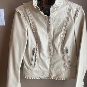 KENNA-T cream leather jacket with ruffle detailing